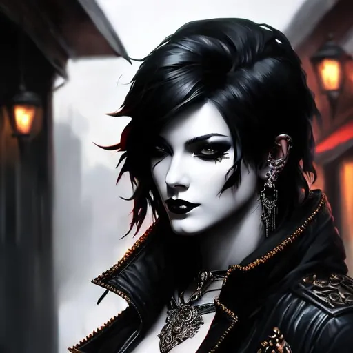 Prompt: half portrait splash art of the god of death, human man, detailed face, goth style, short hair, dark, dark colors, punk, leather pants, flirty, elegant, friendly, soft face, outside, cafe, piercings, androgynous, highly detailed, intricate, smooth, sharp focus, artstation, digital painting, concept art,art by greg rutkowski, alphonse mucha and John William Waterhouse, D&D, fantasy, 