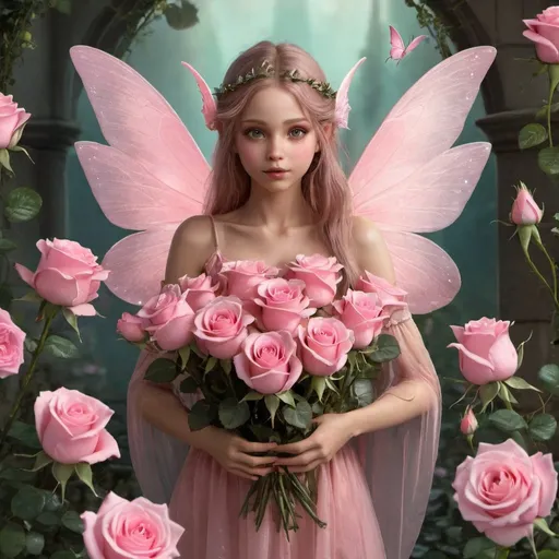Prompt: a fairy is holding pink roses 