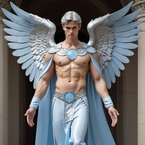 Prompt: Male angel with baby blue wings with silver trim wearing a silver and blue attire