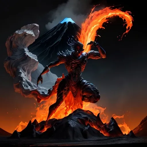 Prompt: An humanoid scorpio as a demigod with an volcano background and flowing lava and ash in the air and black fog