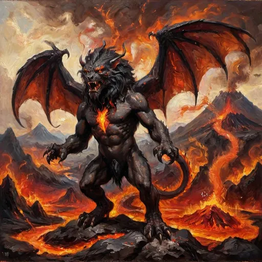 Prompt: A black humanoid manticore-dragon-god hybrid with an volcano background and flowing lava and ash