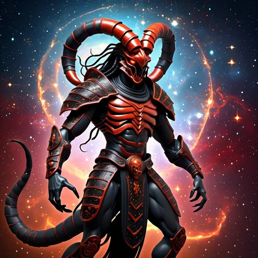 Prompt: (The Zodiac Scorpio as a humanoid demigod), mythical and powerful, intricate armor, striking scorpion-like features, piercing gaze, dynamic pose, rich and deep colors, (vibrant hues of red and black), dramatic cosmic background, swirling stars and constellations, (highly detailed), ethereal glow, fusion of ancient mythology with a modern touch, (ultra-detailed) 4K quality.