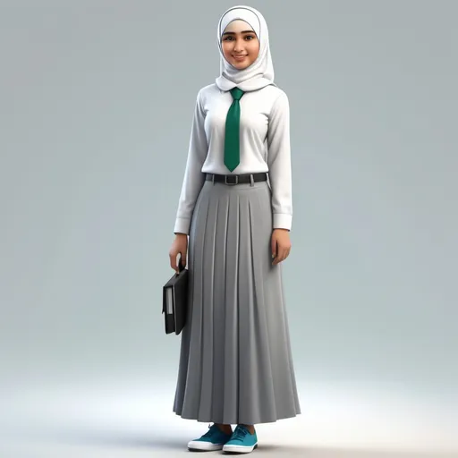 Prompt: Create a very realistic full body 4D character of an Indonesian vocational school female student wearing a white hijab and uniform, white long-sleeved shirt and long gray skirt, blue tie,green shoes and the words "COMPUTER AND NETWORK ENGINEERING" on the right chest.