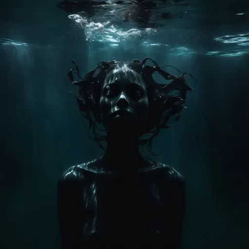 Prompt: Very dark shady figure under water, barely visable, with hands on her head like hairs.