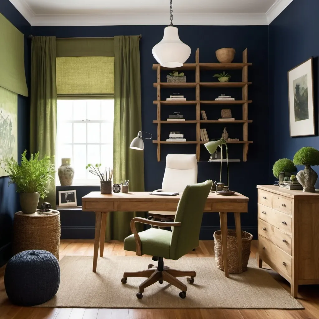 Prompt: A home office for a man, wooden floor, navy blue paint walls, moss green linen shade, light wooden furniture, white lampshades