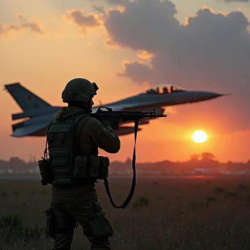 Prompt: uk soldier with rifle and fighter jet in backround while sun is risingf

