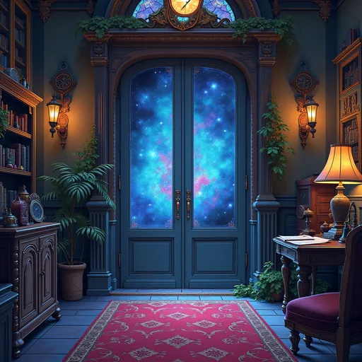 Prompt: Entrance of a Victorian manor. Retro texhnopunk vibes like the adventure time cartoon. The front entrance is overgrown with a large set of doors. The outside of the doors is just a nebula or universe. The front lobby is scattered with gadgets, gizmos and books. Alonf with arcane impliments.