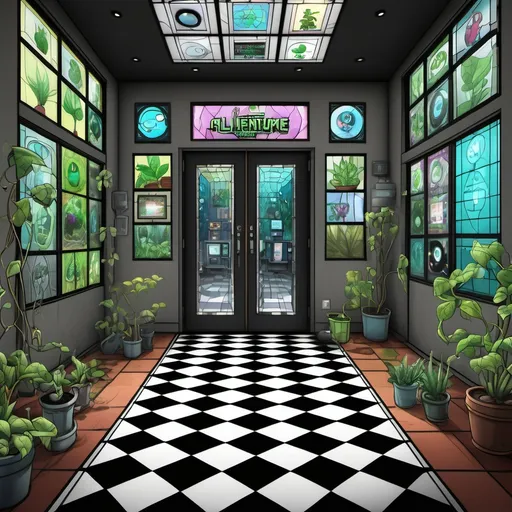 Prompt: A set of stained glass French doors going to a room full of plants and technology, steam on the floor.. the floor has a black and white checkerboard pattern. The technology has various tunes and screens among the plants vines with wires. The stained glass doors have computer monitors next to them displaying alien advertisements.. Using rick and morty cartoon and adventure time as a reference.
