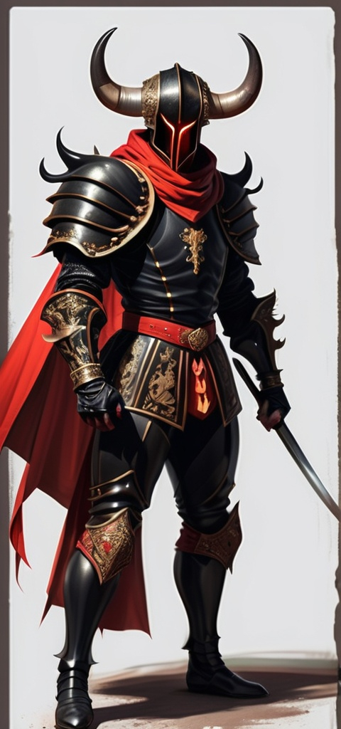 Prompt: Terrible and mysterious bullfighter knight in complete black armor with a complete helm with bull horns, with a bullfighter red cape in one forehand and with a rapier in the other hand.