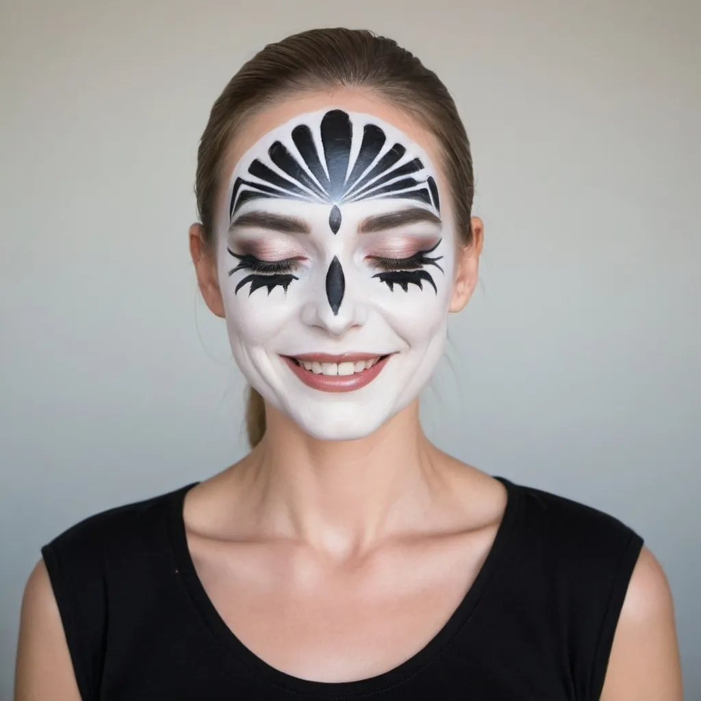 Prompt: a woman with white makeup and a black shirt is smiling at the camera with her eyes closed and her face painted white, Alex Grey, plasticien, smooth face, a stock photo