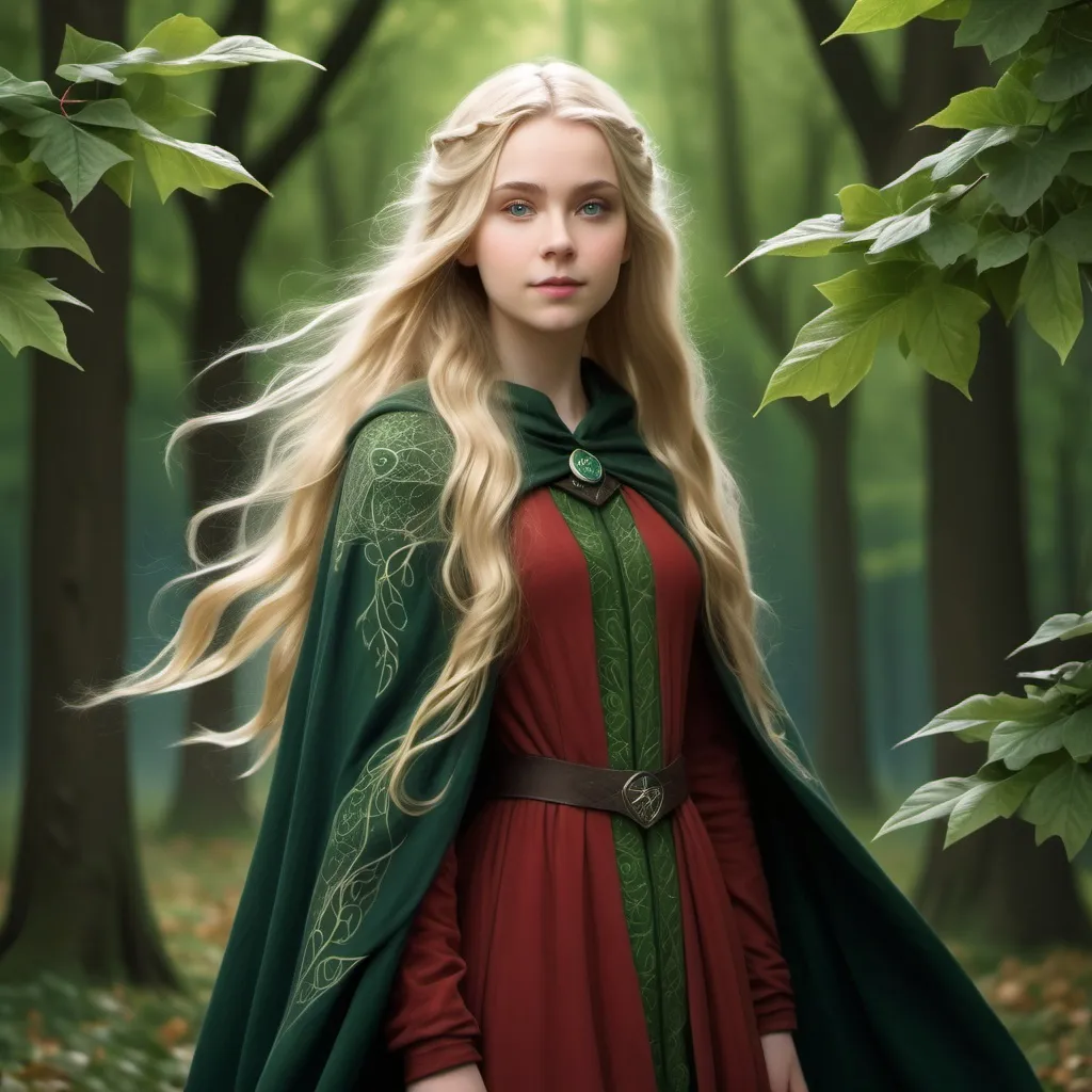 Prompt: I want an image of a long blonde hair girl of age 16 wearing a  long elvish cloak of dark green with leaves on it as patterns with a green elvish leaf badge she has long blonde hair and is wearing a red dress and dark green long jacket and has dimples she also has blue eyes