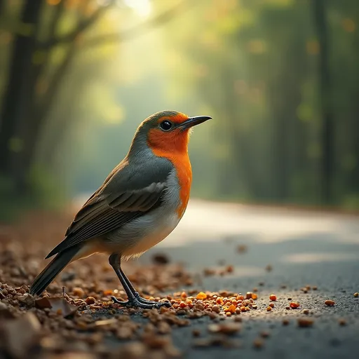 Prompt: A bird is standing by the Red Sea eating seeds and looking at the forest and road in front of it.