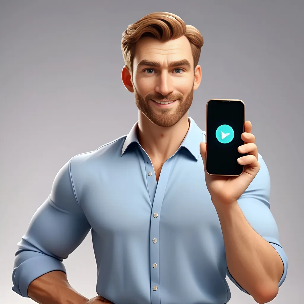 Prompt: creator male mentor Caucasian character for mobile company introducing new mobile model towards camera