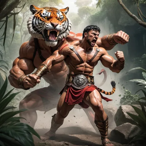 Prompt: muscular roman fighter with dynamic angle and  tiger roaring behind jungle scenario  with marvel style