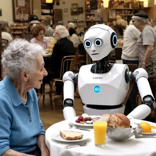 Prompt: A robot meets an elderly jewish couple for brunch at a deli