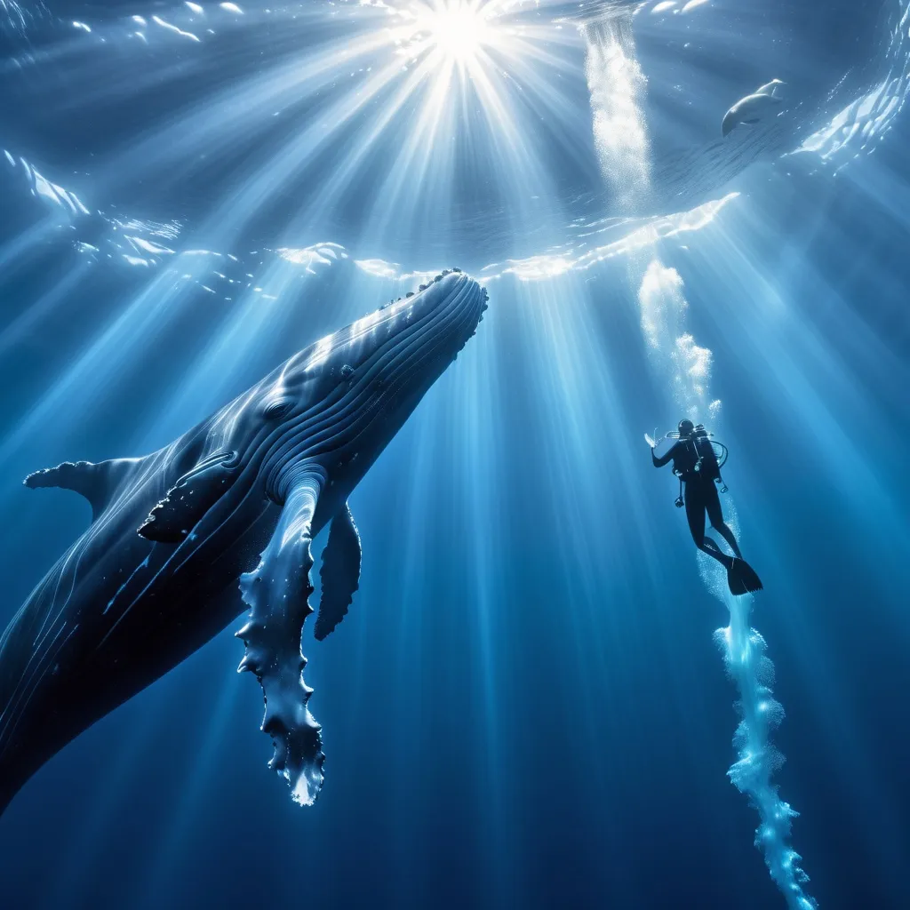 Prompt: diver in the foreground with back to camera watching a humpback whale vertical in a blue column of water sunlight shafting yhrough the creystal cear blue tropical water