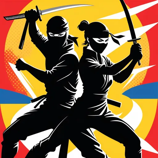 Prompt: Create an ultra-simplified black silhouette of a man and a woman ninja, each holding a razor-sharp ninja sword. Emphasize thick, decisive line work, vibrant contrast, and minimal detailing, channeling the energetic pop art spirit of Lichtenstein’s Catalogue Raisonné. Put the woman in front and the man slightly behind. 