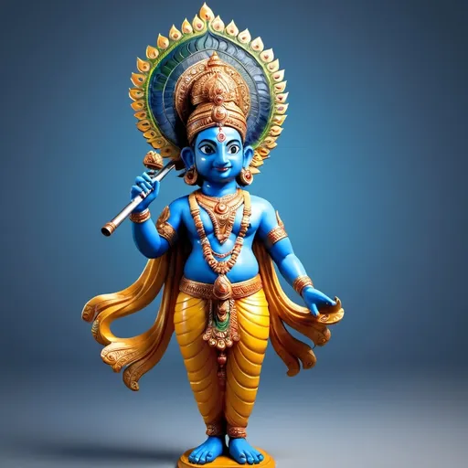 Prompt: a statue of a blue - skinned hindu god with a flute in his hand and a peacock tail on his head, Bholekar Srihari, samikshavad, figurine, a digital rendering