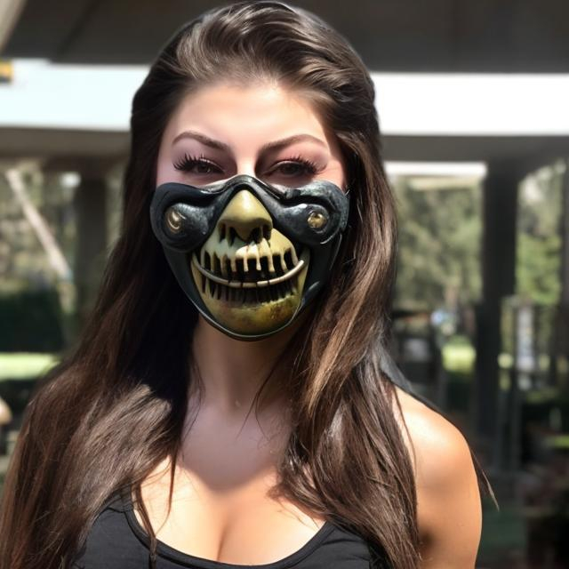 Prompt: Kira Kosarin wearing an extremely frightening purge mask