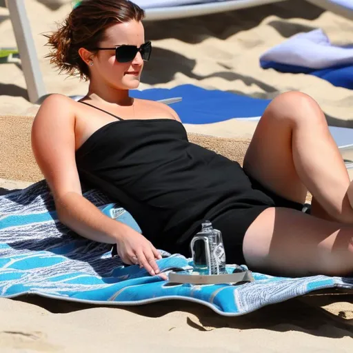 A relaxed mom in a stylish black one-piece swimsuit