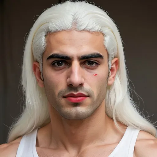 Prompt: an iranian son with white long hair and white eyebrows and black eyelash and black eye,tall height,muscular body,rosy cheek and red lips