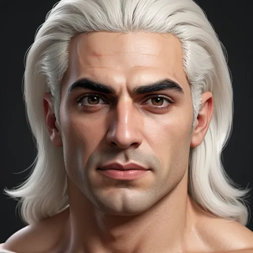 Prompt: Realistic, 3D rendering of a tall, muscular Iranian son with long white hair and eyebrows, detailed black eyelashes, and intense black eyes, rosy cheeks, defined red lips, high quality, realistic, 3D rendering, detailed facial features, muscular physique, white hair, intense black eyes, realistic skin textures, professional lighting