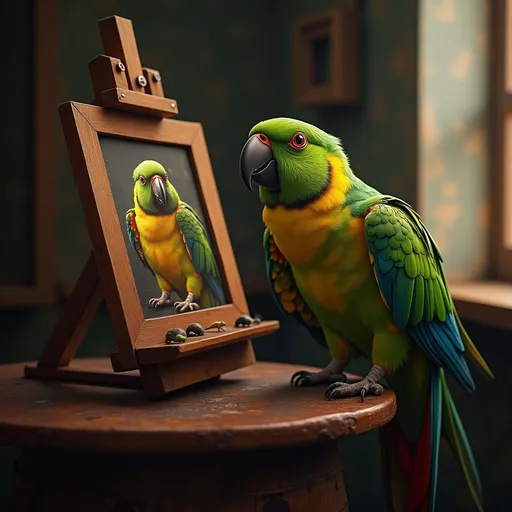 Prompt: photorealistic, (high resolution), lifelike color, (Dutch masters style),God creating a parrot at an easel , intricate details, vintage undertones, warm and inviting ambiance, dramatic lighting casting shadows, .