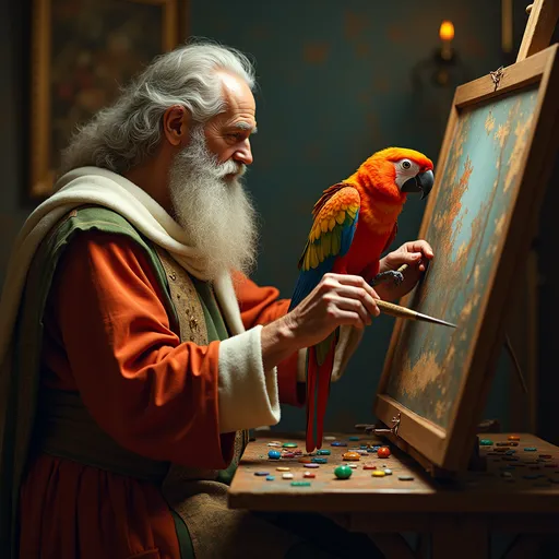 Prompt: photorealistic, (high resolution), (lifelike color), (Dutch masters style), God at an easel creating a parrot, (intricate details), divine ambiance, soft warm lighting illuminating the scene, vivid colors of the parrot contrasting with the master's palette, a classic studio backdrop with rich textures, ethereal atmosphere, showcasing artistic inspiration, elegantly rendered.