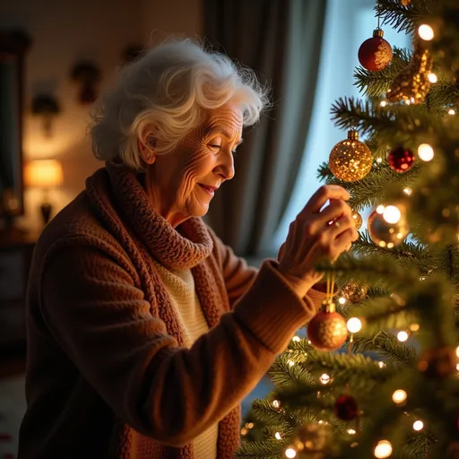 Prompt: photorealistic, (high resolution), lifelike color, (Dutch masters style),of an older woman lovingly decorating her Christmas tree. Show the interior of her home warmly light, with decorations placed caring near the tree. 