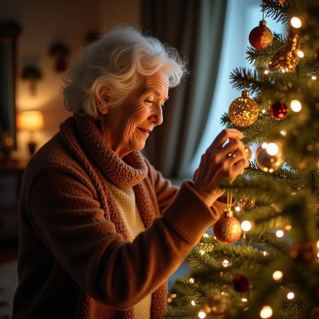 Prompt: photorealistic, (high resolution), lifelike color, (Dutch masters style),of an older woman lovingly decorating her Christmas tree. Show the interior of her home warmly light, with decorations placed caring near the tree. 