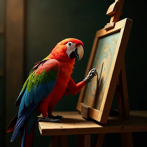 Prompt: photorealistic, (high resolution), lifelike color, (Dutch masters style),God creating a parrot at an easel , intricate details, vintage undertones, warm and inviting ambiance, dramatic lighting casting shadows, .