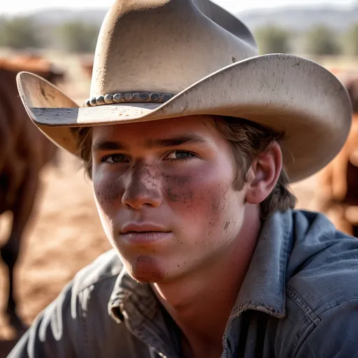 Prompt: face of young cowboy ranch hand still covered in dust as he corrals some bulls