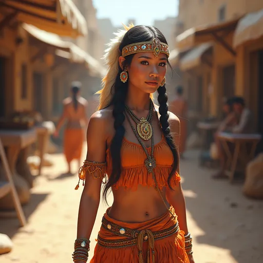 Prompt: photorealistic, (vibrant colors), beautifully adorned American Indian Princess  walking along the market place in a desert village, sunlight casting gentle shadows, (Dutch Masters style), rich detail and textures, lively atmosphere, highly detailed background,(4K) quality.