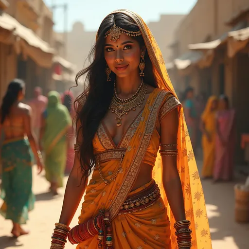 Prompt: photorealistic, (vibrant colors), beautifully adorned Hindu Indian Princess  walking along the market place in a desert village, sunlight casting gentle shadows, (Dutch Masters style), rich detail and textures, lively atmosphere, highly detailed background, (4K) quality.