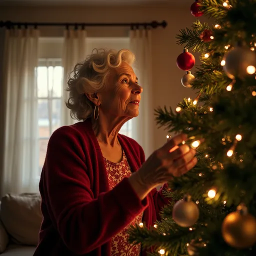 Prompt: photorealistic, (high resolution), lifelike color, (Dutch masters style),of an older woman lovingly decorating her Christmas tree. Show the interior of her home warmly light, with decorations placed caring near the tree. 