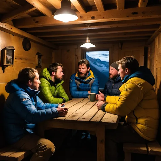 Prompt: a small group of mountaineers are sitting around a table in a bunkhouse having a discussion in the evening