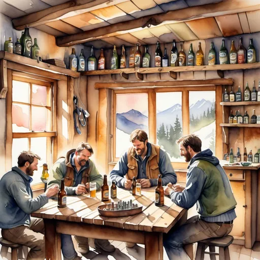 Prompt: watercolor, (small group of mountaineers) gathered around a rustic wooden table, cozy bunkhouse interior, warm evening light casting gentle shadows, relaxed expressions, hand tools scattered, glimmering beer bottles, inviting ambiance, connection and camaraderie, soft hues blending seamlessly, illustrations of climbing gear in background, ultra-detailed, tranquil atmosphere.