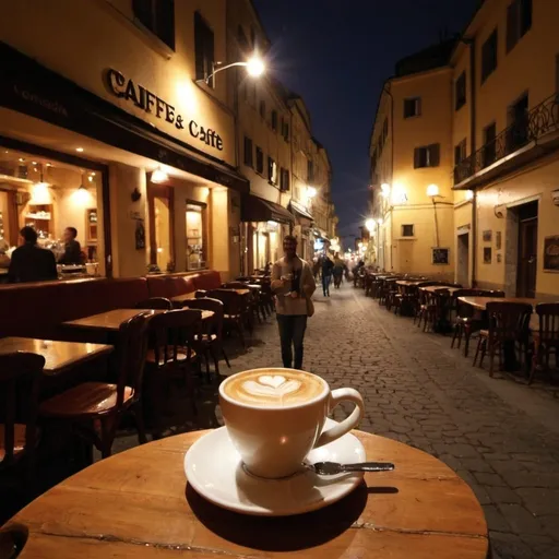 Prompt: pic for night caffe and people happy to drink caffe 
