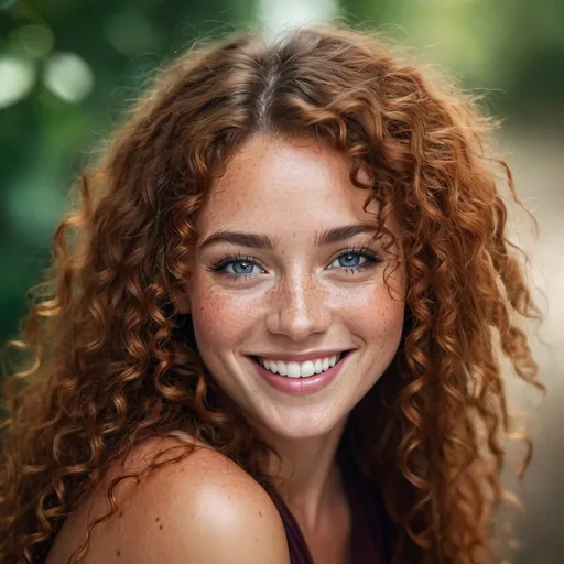 Prompt: beautiful lady, (freckles), big smile, ruby eyes, long curly hair, dark makeup, hyperdetailed photography, soft light, head and shoulders portrait, cover