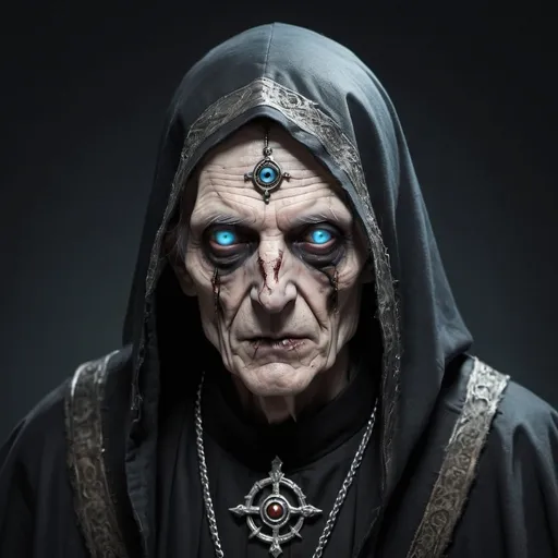 Prompt: A zombie-like fantasy creepy priest, he is extremely old with greyish sagging skin, he has no nose, he has pale blue eyes and a third eye on his forehead, bloody lips, covered in a black hood, please give him a third eye on his forehead and a hole instead of a nose