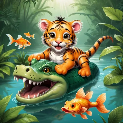 Prompt: realistic illustration of a  baby happy tiger and a goldfish riding a smiling crocodile in a jungle lagoon
