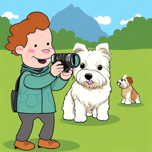 Prompt: west highland terrior taking photos with a camera in cartoon form for a childrens book
