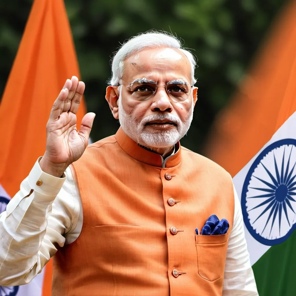 Prompt: Create a image of Indian prime minister Narendra Modi who is standing near indian flag and salute the indian flag in a orange colour nehru jacket.