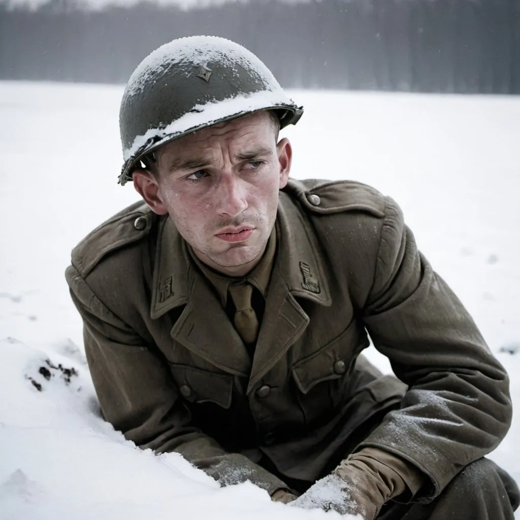 Prompt: a photo of a ww2 soldier stranded in the snow looking into the distance