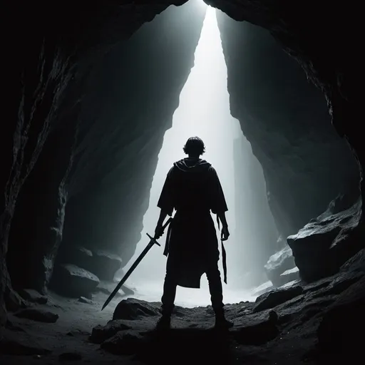 Prompt: guy in dark cave with a sword and a parental advisory
