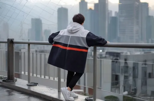 Prompt: A boy  wears oversized hoodie
standing on the top of the skyscraper of Tokyo with bright sunshine after rain 
