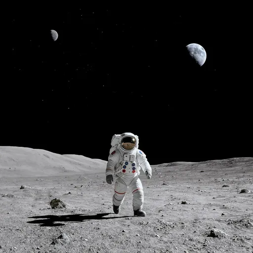 Prompt: An astronaut walking on the moon, the sky is black with lots of different sized stars.