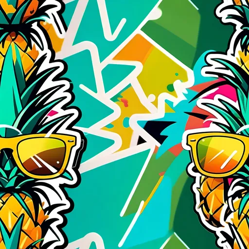 Prompt: Cartoon pineapple wearing sunglasses, (vibrant colors), (funny expression), solid background, playful and cheerful vibe, illustrated in a (bold, simplistic style), high contrast, minimal detail to emphasize the pineapple, bright yellow and green hues, clean lines, (2D graphic), digitally illustrated, playful atmosphere, vibrant backdrop enhancing the subject.