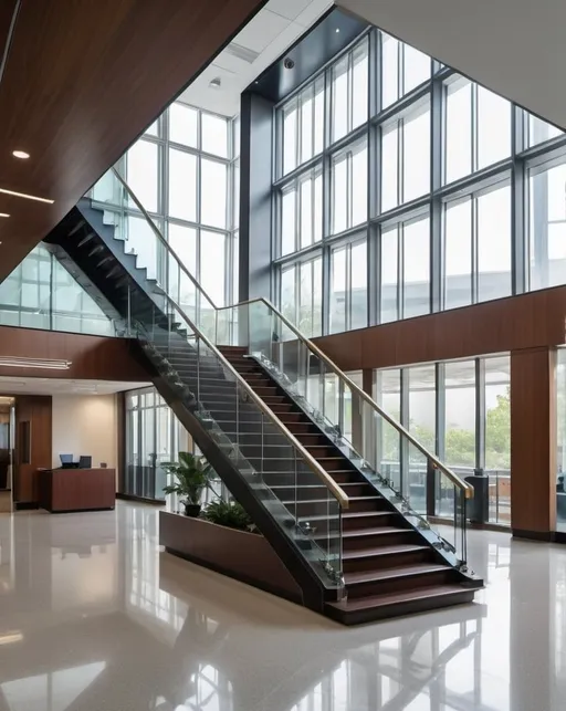 Prompt: The main focus of the scene is a bright and modern office building lobby with a prominent staircase leading from the ground floor to the second floor. The staircase has glass railings on both sides, and each glass panel is intricately adorned with prominent numbers representing significant years, such as 2011, 2016, and 2017. These numbers symbolize important milestones or events. The space is well-lit with ample natural light streaming in through large windows. The lobby has a clean and contemporary design, with polished floors and minimalist decor, emphasizing the modern aesthetic and the significance of the year numbers on the glass-railed staircase.