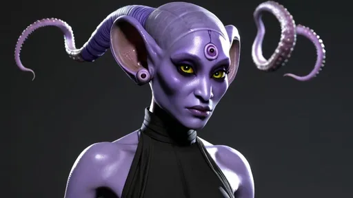 Prompt: Lillia, a female Twi'lek with two sets of tentacles sprouting from her head. She has purple skin and large, expressive eyes that reflect her emotions. Her attire consists of a sleek black dress that hugs her curves, accentuating her tail. detailed clothing, realistic, natural lighting